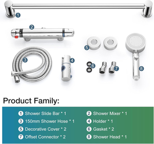 วาล์วผสมอุณหภูมิทองเหลืองชุบโครเมียม ก๊อกน้ำร้อนน้ำเย็น ฝักบัวแบบเรนชาวเวอร์ พร้อมก้านเลื่อน ดีไซน์ทันสมัย สำหรับโรงแรม อพาร์ทเมนท์ และห้องน้ำ - Product Image 6