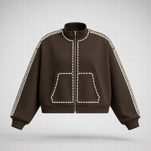 Sweat à capuche zippé marron de haute qualité pour homme, orné de perles et de pierres, col roulé, style streetwear décontracté, 100 % coton - Product Image 6