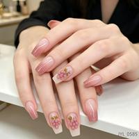 Lot de 24 faux ongles roses ombrés 3D en ABS, forme cercueil, brillants, pour usage quotidien, avec colle, pour doigts