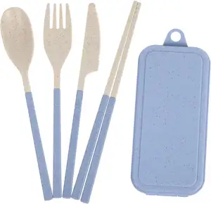 便携式小麦餐具套装刀叉勺筷子套装旅行野营学校可拆卸可生物降解塑料餐具
