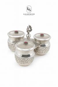 925 Sterling Silver Kumkum Chawal Holder Set with Three Bowls Handcrafted Traditional Indian Pooja Accessory for <b>Home</b> <b>Temple</b> - Product Image 3
