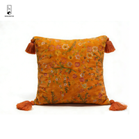 Housse de coussin en velours brodée de fleurs - Housse de coussin orange bohème avec pompons - Coussin décoratif vintage pour canapé-lit