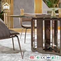 Table de salle à manger ronde de luxe nordique moderne avec plateau en pierre frittée et chaises, plateau tournant en verre fumé et marbre, ensemble de restaurant pour villa