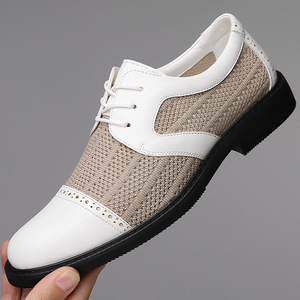 Men's Business Casual Leather Shoes <b>White</b> And Black <b>Lace</b>-up Breathable Mesh Soft Sole Office Career Dress Shoes - Product Image 1