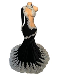 美人鱼舞会礼服银色蕾丝贴花黑色天鹅绒美人鱼舞会礼服定制长袍 - Product Image 1