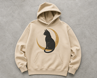 Sweat à capuche surdimensionné personnalisé avec impression numérique et broderie 3D Chat Noir et Croissant de Lune, en molleton de coton épais de qualité supérieure, style streetwear