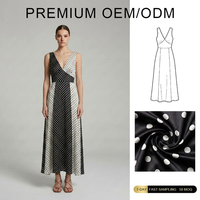 OEM Custom Women's Fashion Summer Bohemian Slim-Fit French Polka Dot Satin V-neck High Waist Long Maxi Dress for Vacation