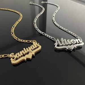 Collar de cadena de bambú de doble capa con letras y corazón Saniyah de diamantes de acero inoxidable personalizado para mujer, estilo europeo-americano, superventas - Product Image 3