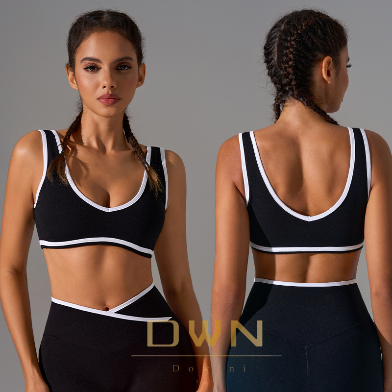 High Quality Women V-Neck Strap Contrast Color Cross-Back Yoga Bra with Shockproof Upper Support Custom Logo Sports Fitness Bra