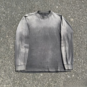 Men's Crew Neck Long Sleeve Solid Color Woven Breathable 100% Cotton Casual T-Shirt Gray Washed Faded Look - Product Image 1