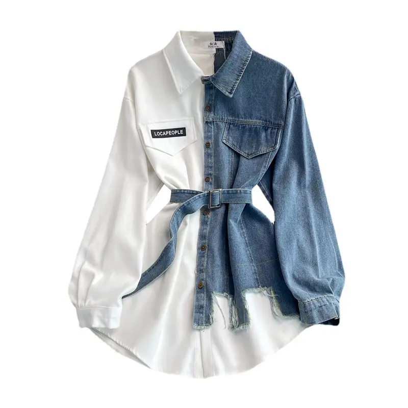 Mode Splicing Revers Jurk Nieuwe Koreaanse Stijl Asymmetrische Vrouwen Lange Jeans Denim Top Shirt Dames Blouses