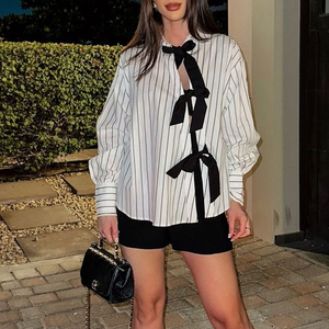 Camicie e Bluse da <span class=keywords><strong>Donna</strong></span> di Tendenza con Laccetti, Top Asimmetrici a Maniche Lunghe, Camicia Estiva Casual a Righe per <span class=keywords><strong>Donna</strong></span> - Product Image 1