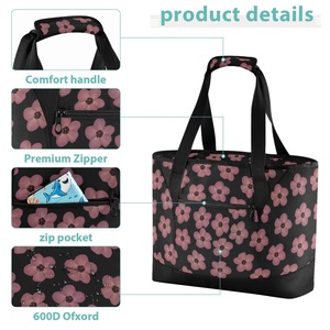 Sac isotherme réutilisable et étanche à motif floral hawaïen noir et rose, grand format, pour courses et déjeuner - Product Image 5