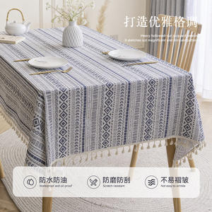 Bohemia <b>Tablecloth</b> Rectangle Cotton <b>Linen</b> Printed Geometric Pattern Blue <b>White</b> Home Use Waterproof Oil Proof - Product Image 2