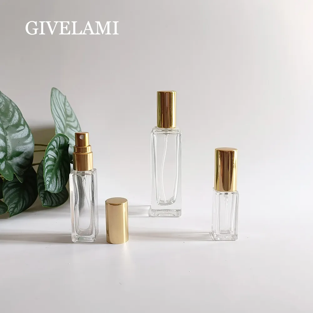 Hot sale 5ml 10ml 30ml square shape clear transparent glass perfume bottle with golden spray pump cap cosmetic container