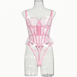 Top Lace Transparent Sheer Mesh Pink Bra Lingerie High Quality Stock Women Sexy Lingerie Sets Bustier Corset Crop
