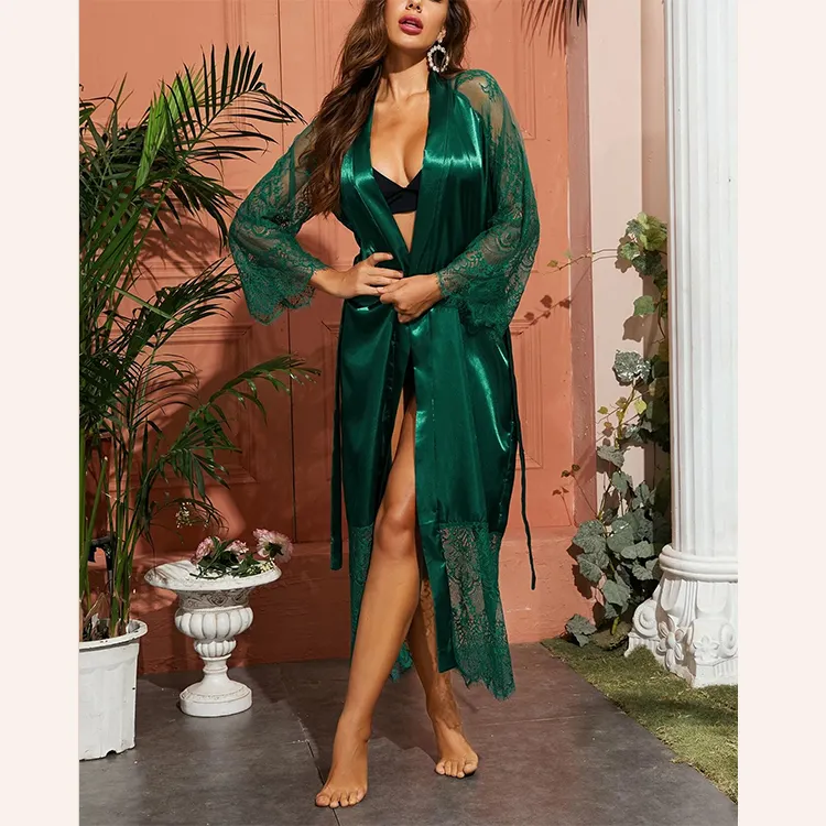 Moda organik katı dantel Sheer seksi kadınlar uzun elbise Kimono kontrast saten yeşil iç çamaşırı olmadan örgü tek parça 100 adet