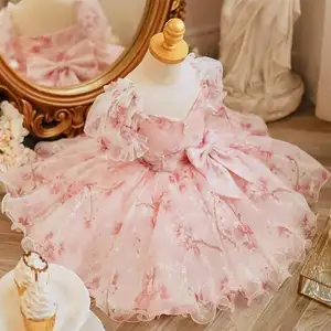 Vestido de princesa de flores rosa para bebês meninas, vestido de casamento de aniversário, vestido de tule, roupas para meninas, atacado, 2024