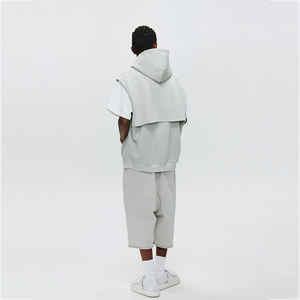 Sudadera con capucha de manga corta con cremallera, estilo streetwear, de algodón de alto gramaje (350 g/m²), color liso, con bordado personalizado desgastado, transpirable y de punto, oversize. - Product Image 2