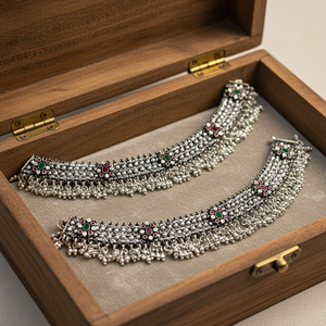 Traditional <b>Silver</b> <b>Anklet</b> for Women Ethnic Payal with Stone Work Heavy Design Bridal Wear Handmade Indian Jewelry - Product Image 2