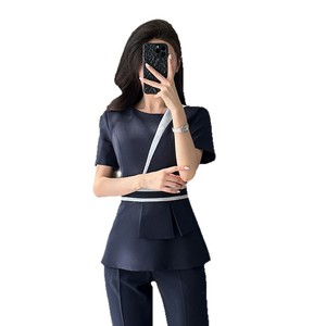 Gray Short Sleeve Suit Set Women Polyester Professional Workwear Summer 2025 Elegant Uniform Beauty Salon Attire - Product Image 5