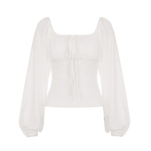 Women's Crop Solid Square <b>Neck</b> Chiffon <b>Top</b> Puff Sleeve <b>Tie</b> Front Blouse with Ruched Waist Sweet Feminine Slim Fit - Product Image 6