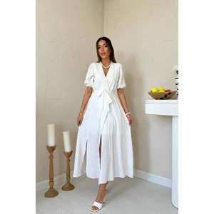 Vestido de Lino Blanco con Cuello Cruzado, Corte en A, Cintura Natural, Transpirable, Informal, para Uso Diario - Product Image 5