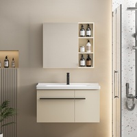 Meuble de salle de bain mural en aluminium laqué, style minimaliste et chaleureux, avec miroir intelligent et lavabo, 2 portes battantes, rangement pour chambre à coucher