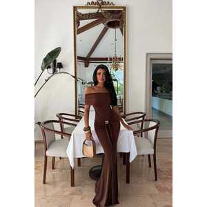 Robe de soirée marron Allaia, robe de bal à sequins avec col montant, taille empire, style formel simple, taille XS - Product Image 4