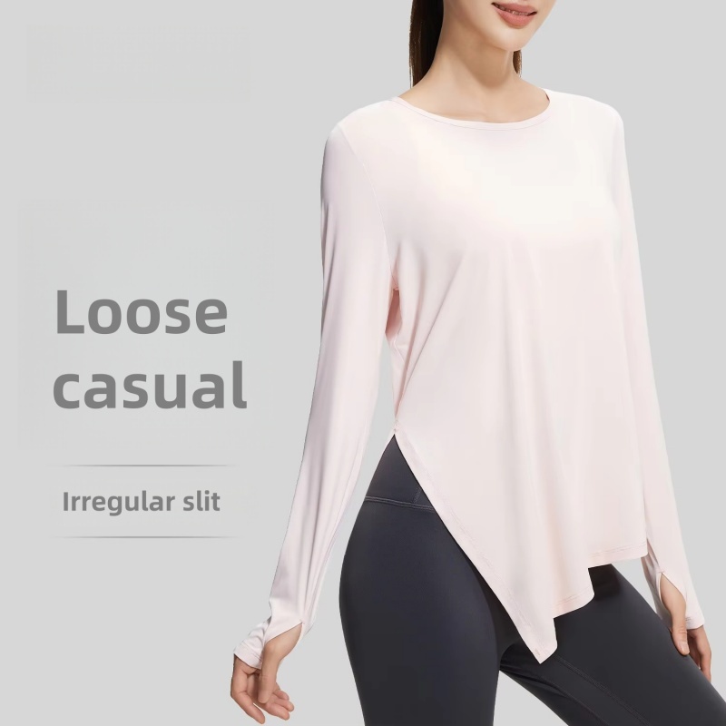 New Ice Silk Solid Color Long Sleeve Yoga Top Cool Breathable Loose Split Blouse