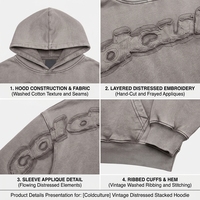 Sudadera con capucha personalizada Yali con apliques bordados, lavado vintage, 100% algodón, felpa francesa, corte holgado, venta al por mayor del fabricante