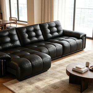 Sofá Seccional Moderno en Forma de L de Cuero PU Negro con Diseño Acolchado y Patas de Metal para Sala de Estar - Product Image 5