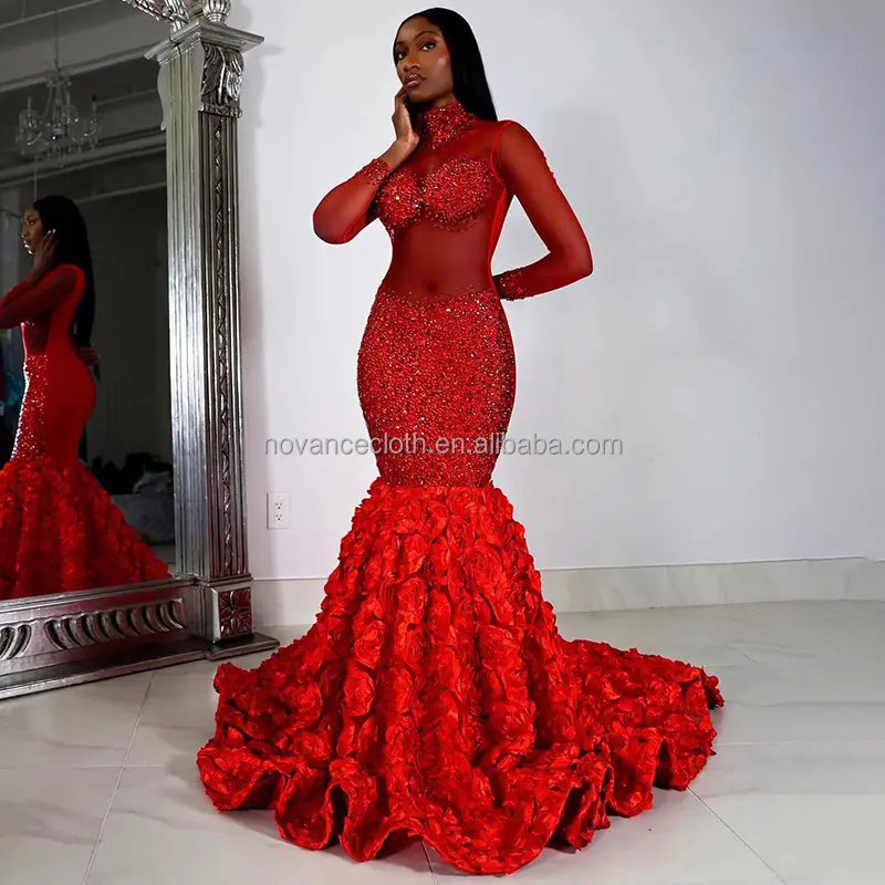 NOVANCE prom dresses 2023 elegant shiny diamonds red evening dress with fish tail sexy sheer floral night gown for evening party