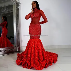 Vestidos de baile elegantes, diamantes brilhantes, vermelho, com cauda de peixe, sexy, floral, para festa de noite, 2023