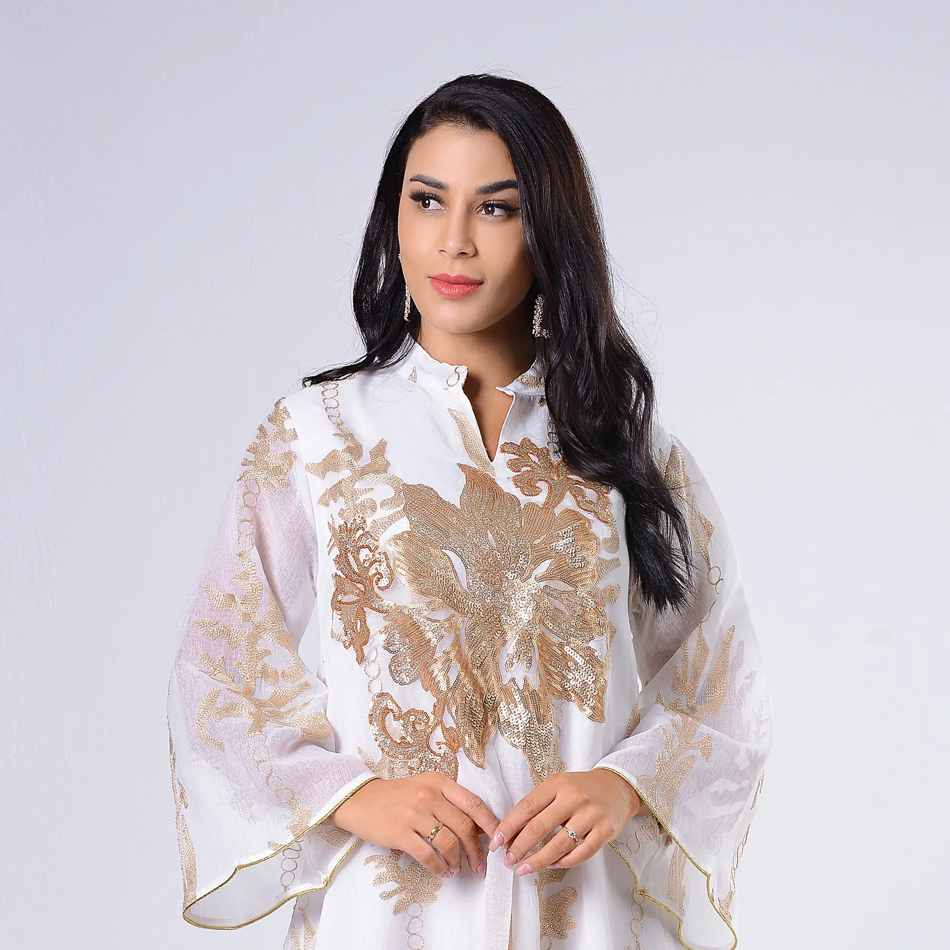 New Fashion Women Muslim Dress Puffy Sleeves Printed Abaya 2022 Kaftan Moroccan Dresses