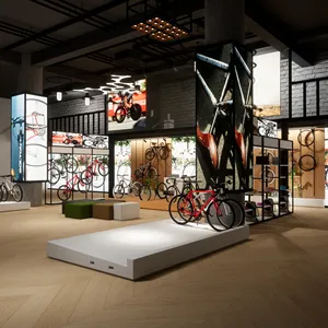 Expositor de madeira para bicicletas, móveis personalizados, acessórios de vidro, caixa de vidro, suporte para exposição de bicicletas, design de interiores