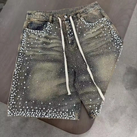 Shorts en jean pour hommes, style streetwear, personnalisés, délavés vintage, avec strass, par un fabricant de denim