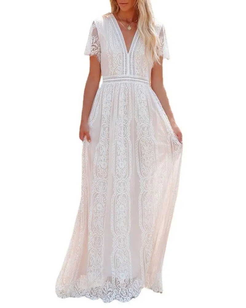 OEM Custom New Fashion Women Deep V-neck Lace Hollow Out Bohemian Maxi Dress Vintage Lady White Boho Dresses