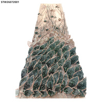 Tissu de dentelle française haut de gamme 3D à motifs de feuilles perlées, broderie florale appliquée, tissu de dentelle lourdement perlé pour robes de soirée