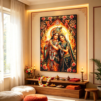 Art Mural Porcelaine Cristal Incrusté Diamants Radha Krishna Peinture Hindou Fleurs Paon Décoration Murale Religieuse