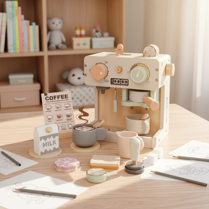 Jouet de cuisine en bois pour enfants, ensemble de jeu de rôle pour la maison, desserts, pain, thé de l'après-midi, <span class=keywords><strong>machine</strong></span> à café de simulation pour les 4-14 ans - Product Image 1