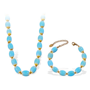 Ceramic <b>Bead</b> Necklace And Bracelet <b>Set</b> Blue Yellow Gold Plated Women's Fashion Jewelry Stainless Steel Irregular Design - Product Image 5