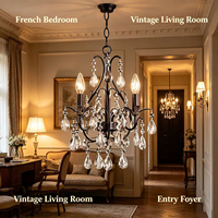 Lustre vintage noir en cristal, 3 lumières, style bougie, suspension en fer forgé, petite hauteur réglable, pour hall d'entrée