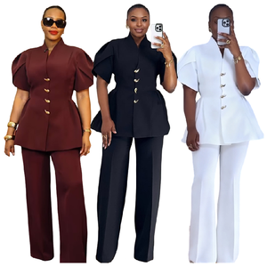 S11215 Tenues d'été pour femmes, haut élégant à manches bouffantes boutonnées + pantalon droit, ensemble deux pièces, vêtements de bureau - Product Image 1