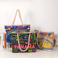 Bolsa de Playa Grande de Lona con Asas de Cuerda para Vacaciones de Verano, Bolsa de Compras de Lona Impermeable de Moda para Mujer, Estilo Panamá
