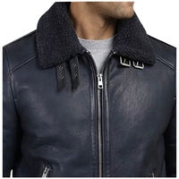 Blouson aviateur en cuir véritable pour homme avec doublure en sherpa, fermeture éclair, style moto, bleu foncé
