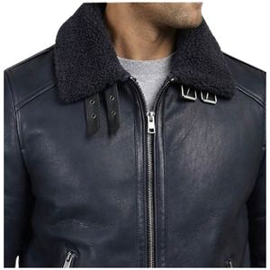 Veste bomber en cuir vintage bleu pour homme Icon Gilani, cuir véritable, col en peau de mouton, tissu en toile, fermeture éclair - Product Image 2