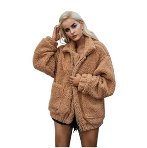 Customized Logo Lapel Zip Up Faux Wool Women's Jacket Luxury Plus Size Fur Winter Coat Crop Fur Coat With Pockets For Woman