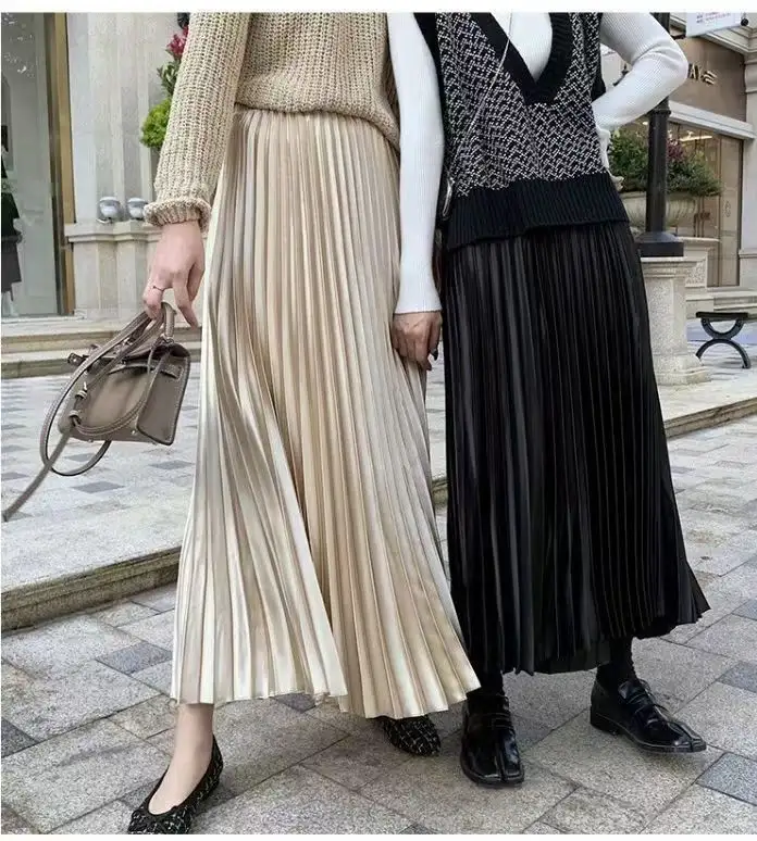 wholesale custom floor length metallic accordion pleated skirt high waist pleated designer skirt islamic pleated long skirt
