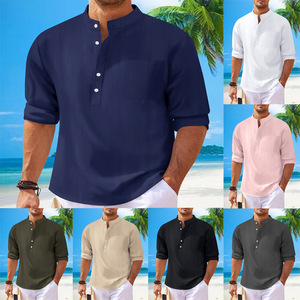 Nuova <span class=keywords><strong>Camicia</strong></span> da <span class=keywords><strong>Uomo</strong></span> in Cotone e <span class=keywords><strong>Lino</strong></span>, Tinta Unita, Casual, con Colletto Rialzato e Maniche Lunghe - Product Image 2